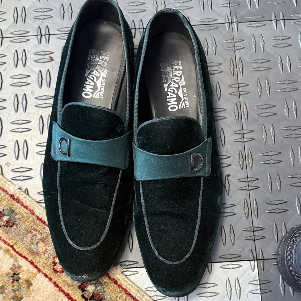 Salvatore Ferragamo Men's Dark Green Velvet Loafers